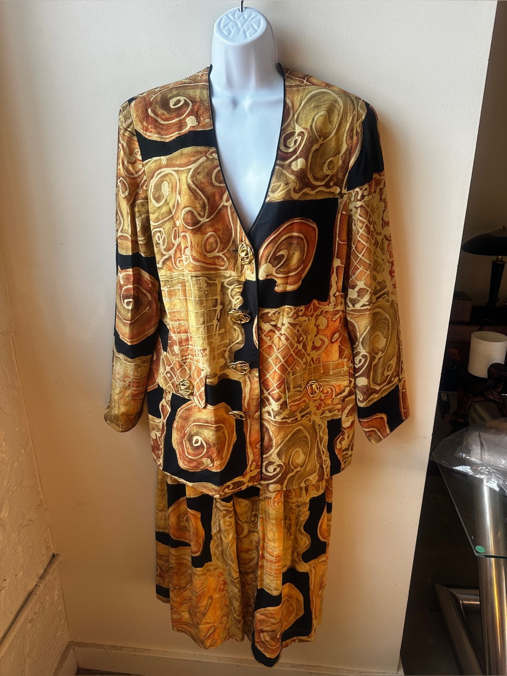 90s Y2K Style Abstract Patchwork 2 Piece Maxi Skirt Jacket Set Front Slit Artsy